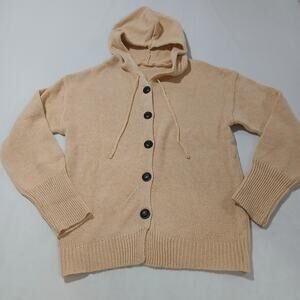 Knit Hooded Cardigan Sweater Womens Small Beige Button Front Drawstring Hoodie